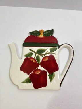 Ceramic Trivet Teapot Shaped W/ Apple Design Wall Hang Plaque